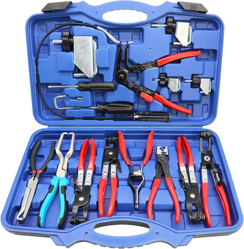 DPTOOL Hose Clamp Pliers Set 15pcs Hose Clamp Removal and Installation Tool Kit for Automotive Coolant Radiator Heater, Water Hose, fuel lines etc, with 2pcs Electrical Disconnect Pliers - Image 1